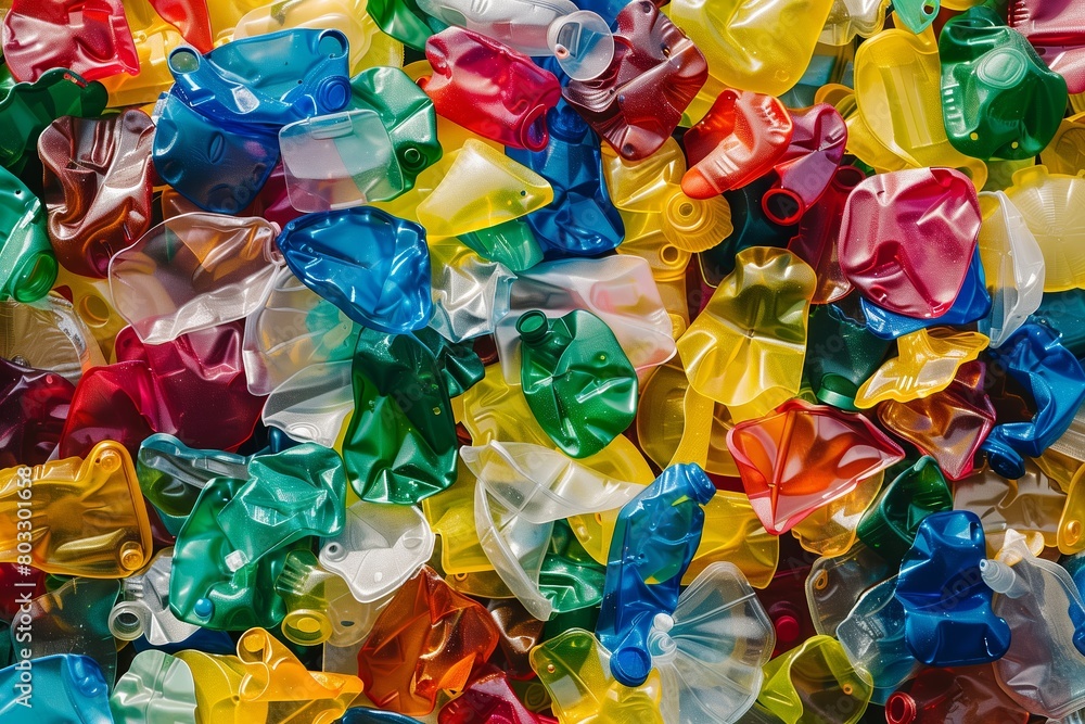 Compressed and colorful plastic bottles and containers illustrating recycling needs