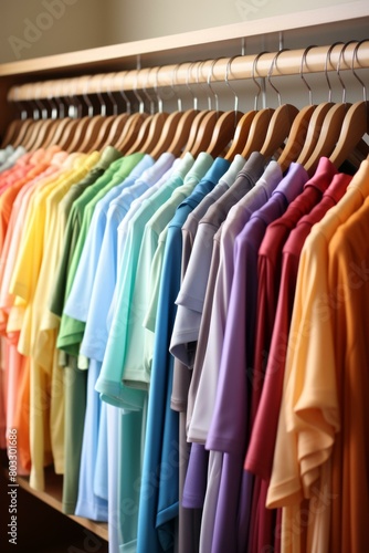 A rainbow of T-shirts on hangers in a store