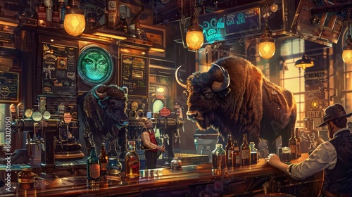 vibrant scene in the prohibition era with quirky robots and fierce buffaloes drinking. three beer taps are visible with the following names labeled clear and large AI generated photo