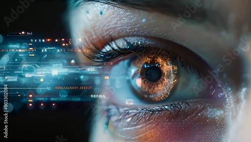 Detailed view of an eye with a high-tech display in the backdrop, merging human anatomy with advanced technology. photo