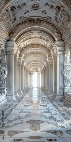ornate hallway with marble floor and statues © duyina1990