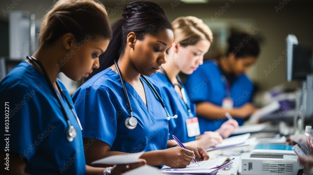Four female nurses wearing blue uniforms are working at a hospital. Four female nurses wearing blue uniforms are working at a hospital.