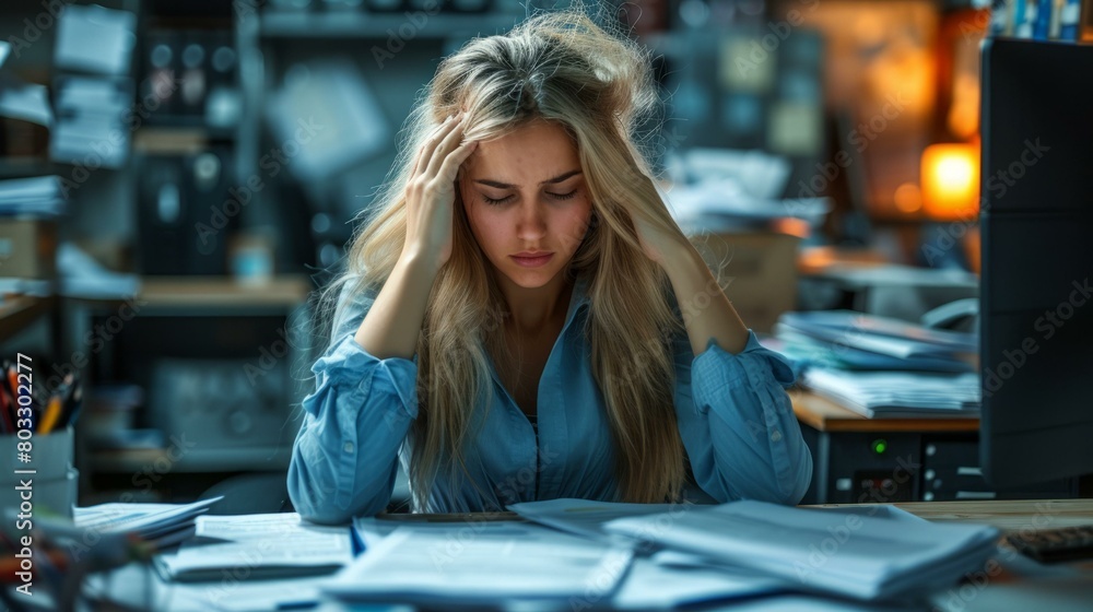 Stressed businesswoman sitting at desk with head in hands