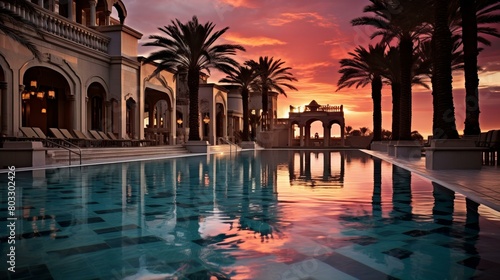 Palm trees and a large pool with a beautiful sunset in the background