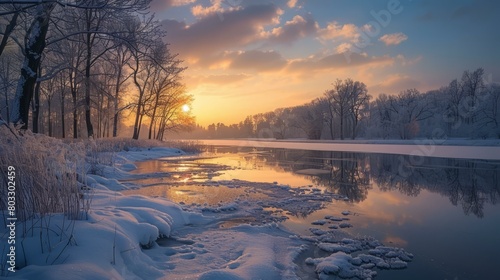 A beautiful winter sunset over a frozen river in Russia © duyina1990