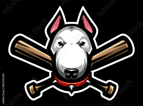 Bull terrier and crossed baseball bats. Fighting dogs. T-shirt print.