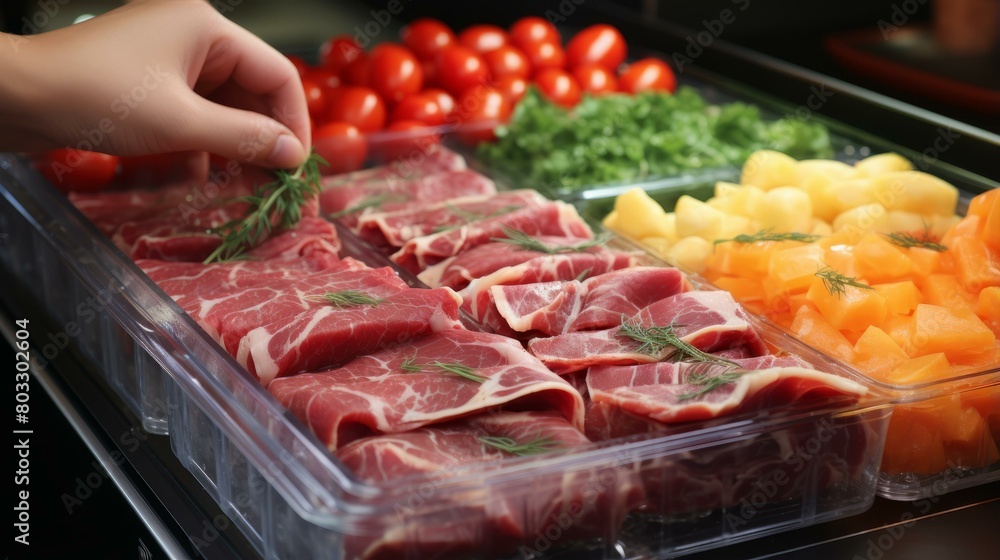 Close-up of a person's hand holding a bunch of parsley over a variety of raw meats and vegetables