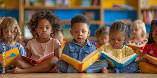 A group of preschool children sitting on the floor of a library reading books.