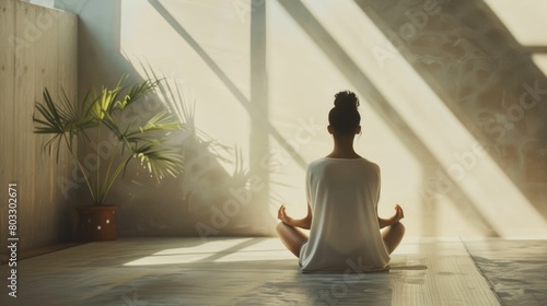 The picture of the person sitting and meditating on the ground of the room inside the building that has been taken from the back of the person  the meditation require concentration and peace. AIG43.