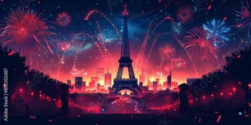 Paris France Eiffel Tower fireworks night cityscape illustration