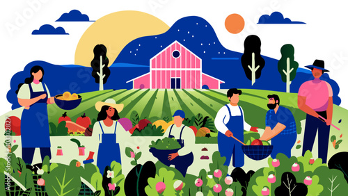 Cheerful Farmers Harvesting Crop in Vibrant Rural Landscape