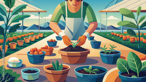 Gardener Planting Seedlings in Eco-Friendly Greenhouse Environment
