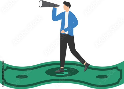 Direction. Businessman flying using banknote. Business vector illustration.

