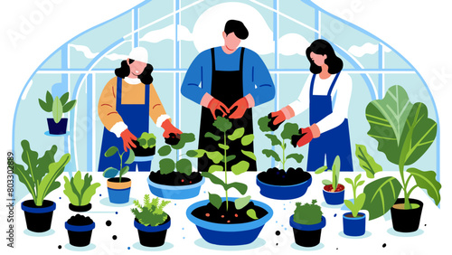 Team of Gardeners Tending Plants in a Greenhouse Environment