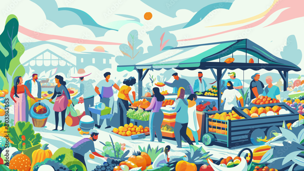Fototapeta premium Vibrant Outdoor Farmers Market Scene with Bustling Shoppers