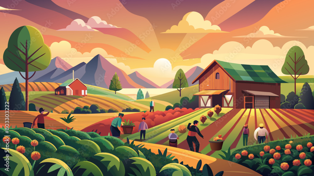Serene Countryside Farm Landscape at Sunset with Workers