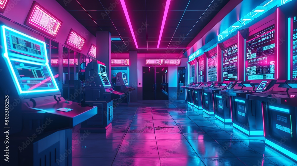 An empty retro arcade with pink and blue neon lights