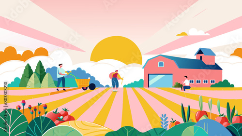Picturesque Farm Harvest Scene at Sunset Illustration