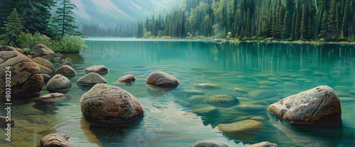 Smooth rocks scattered along the shore of a tranquil teal lake, offering a serene place for quiet reflection.