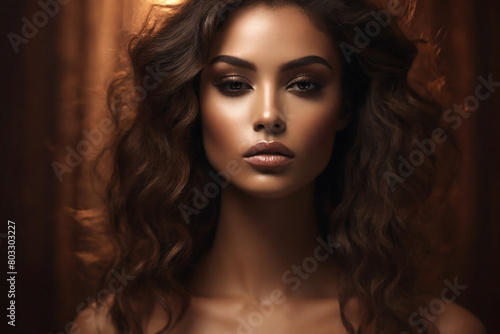 Portrait of beautiful young woman with curly hairstyle and makeup.
