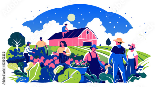 Colorful Vector Illustration of Farm Workers Harvesting Crops