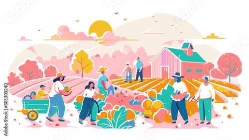 Colorful Illustration of Diverse People Engaged in Farming Activities