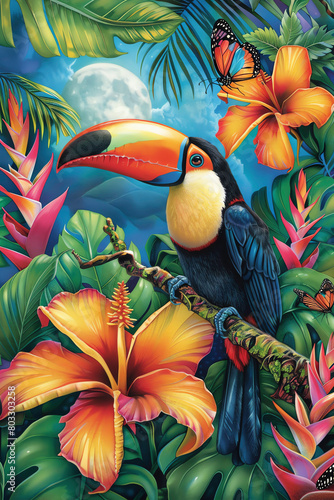 A tropical paradise with a toucan and butterflies.