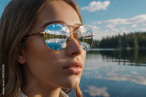 Portrait of a girl in sunglasses on the background of a lake photo