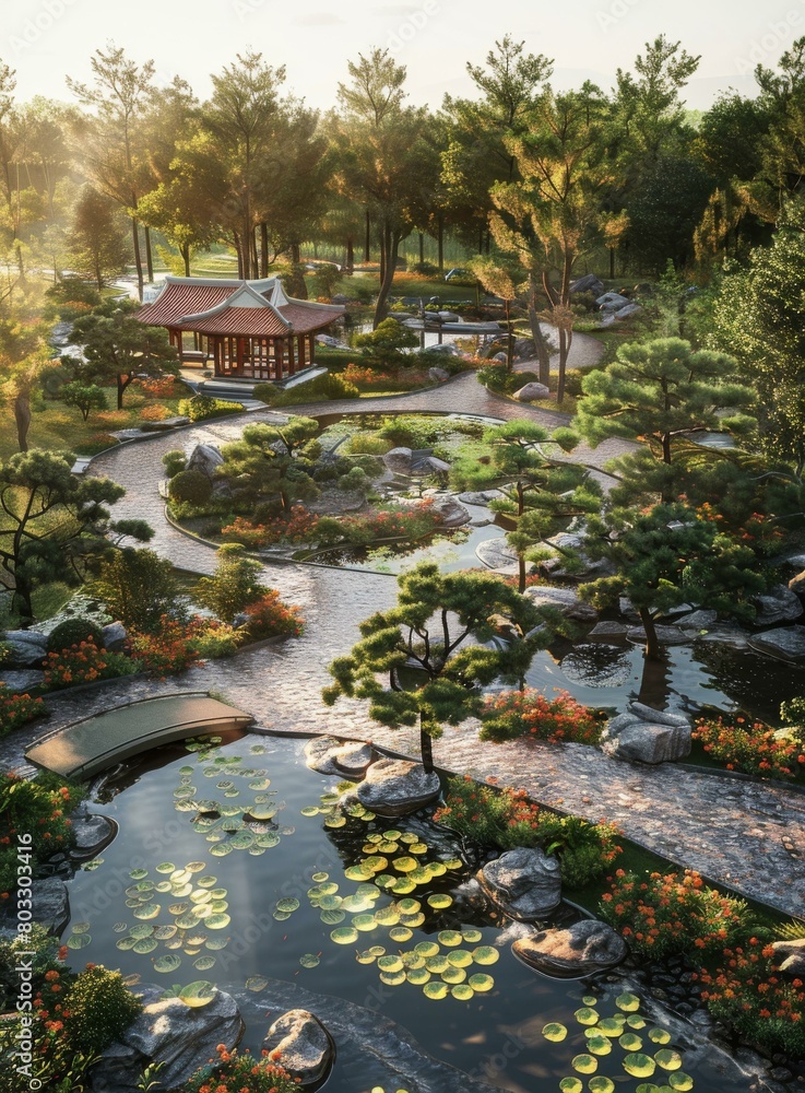 chinese style garden with a pond and a pavilion