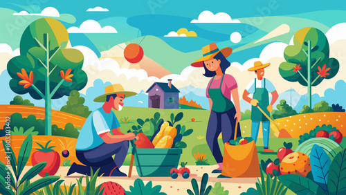 Farmers Harvesting Fresh Produce in Sunny Rural Landscape