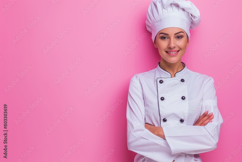 Smiling female chef portrait on pastel background with ample copy space for creative text placement Smiling female chef portrait on pastel background with ample copy space for creative text placement