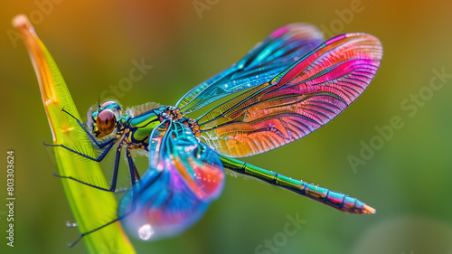 Macro photograph of a colorful dragonfly perched on a blade of grass © mittpro