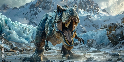 Prehistoric Ice Age Dinosaur Roaring in Snowy Glacier Landscape photo