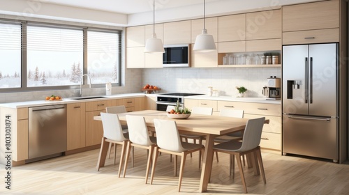 A Modern Kitchen With Wood Cabinets and a Large Island © duyina1990