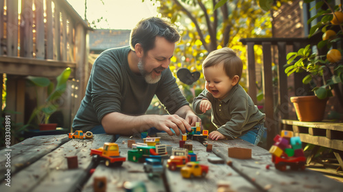 A nostalgic photograph of a father and child playing together with vintage toys, reminiscing about the joys of childhood and creating new memories photo