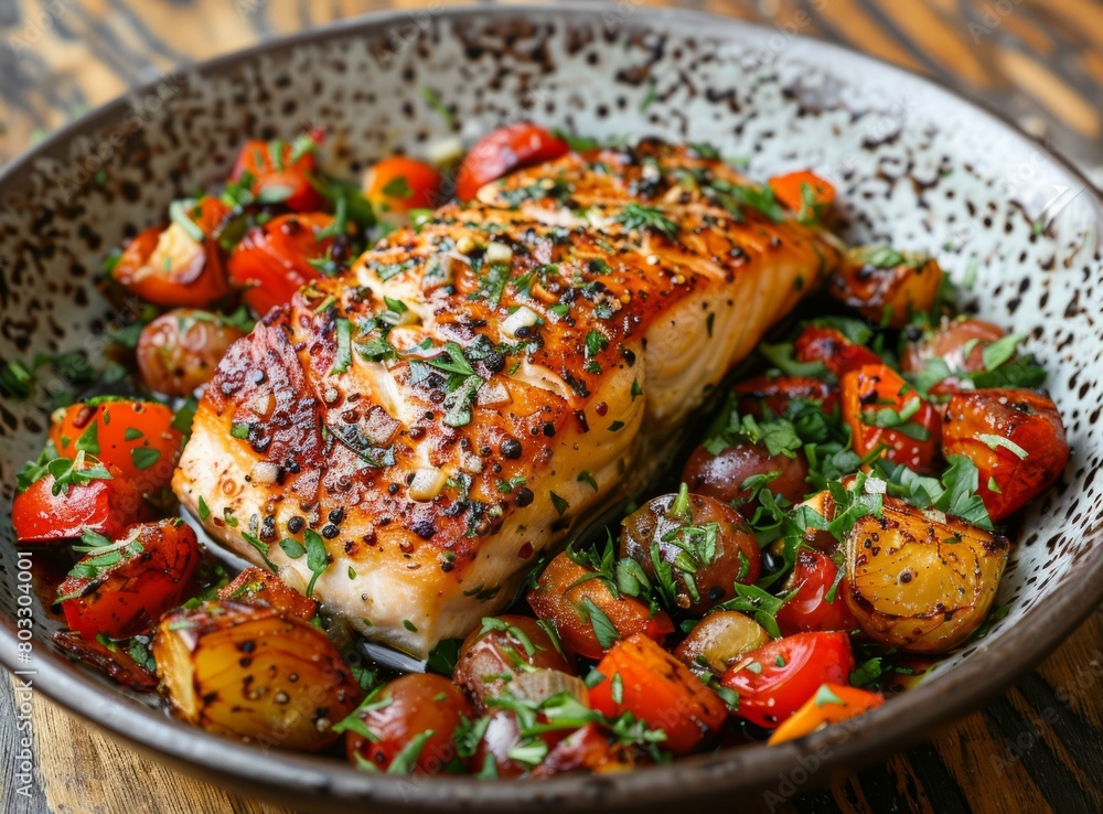 Salmon with roasted potatoes, cherry tomatoes, and parsley