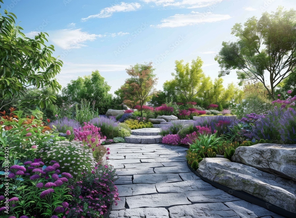 landscaping with colorful flowers and stone path