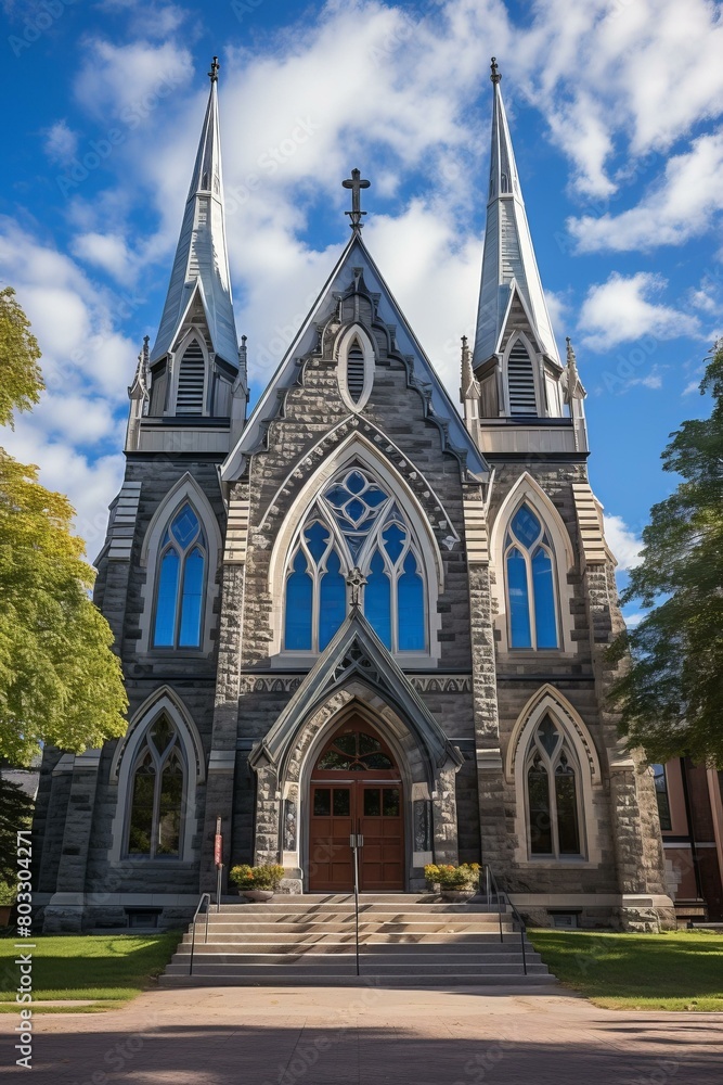 Obraz premium A beautiful stone church with blue stained glass windows