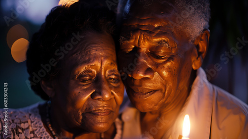 portrait of an elderly African American couple embracing tenderly, their faces illuminated by the warm glow of candlelight during a Juneteenth vigil