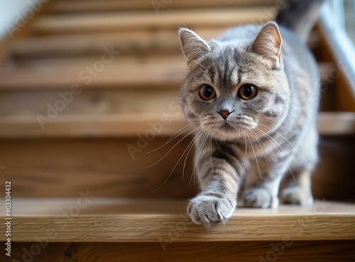 A cute gray cat is walking down the stairs