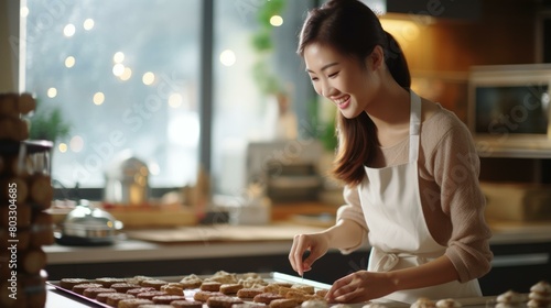 Asian woman baking cookies in the kitchen