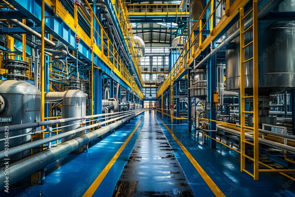 The interior of a modern industrial building with blue and yellow pipes and catwalks The interior of a modern industrial building with blue and yellow pipes and catwalks