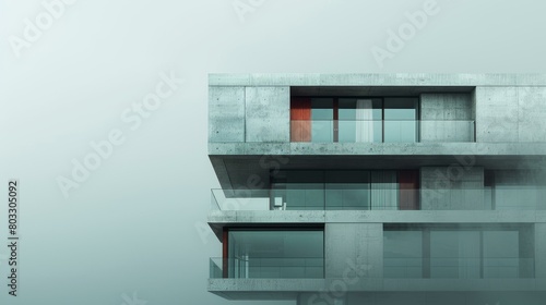 Modern minimalist concrete building with large glass windows