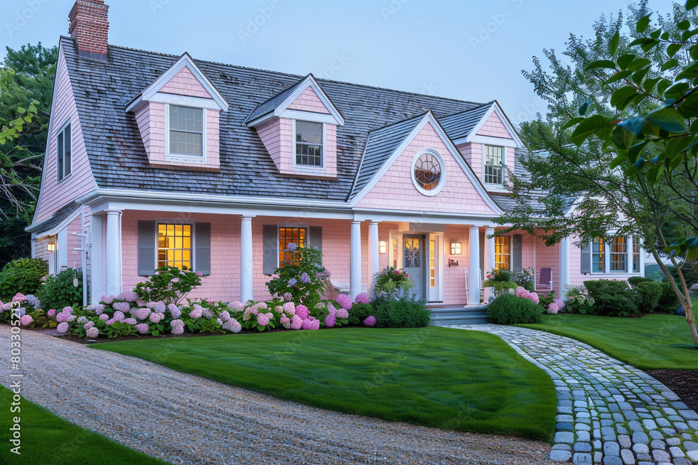 Pastel pink Cape Cod style vacation home with white trim, featuring a beautifully manicured front lawn and a cobblestone walkway, under a soft evening light.