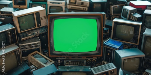 A pile of discarded vintage televisions with a green screen in the center