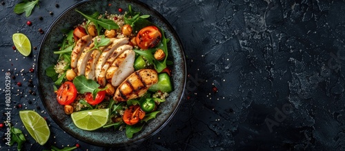 Top-down view of a bowl of Buddha Quinoa featuring grilled chicken, tomatoes, and lime on a dark surface, with space for text.
