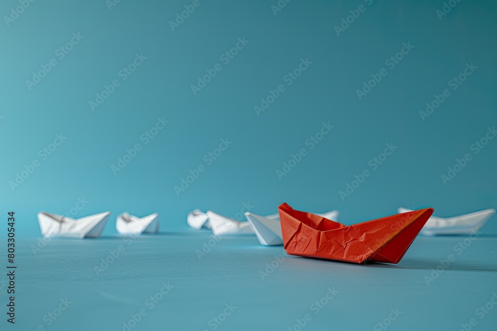 Red origami paper boat leads row of white on blue water, creative arts craft