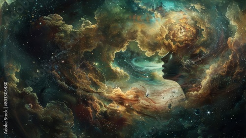 Man standing on pathway gazing at a spiraling galaxy amidst a cosmic landscape