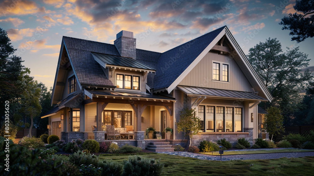 Pre-dawn angle of a warm taupe craftsman cottage with a rustic gambrel roof, the first hint of morning light beginning to reveal the homea