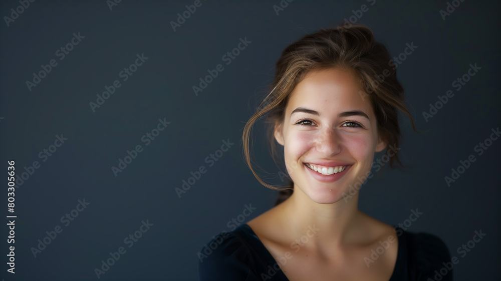 A sophisticated portrait of a smiling woman against a classic navy blue background, exuding confidence and elegance A sophisticated portrait of a smiling woman against a classic navy blue background, exuding confidence and elegance
